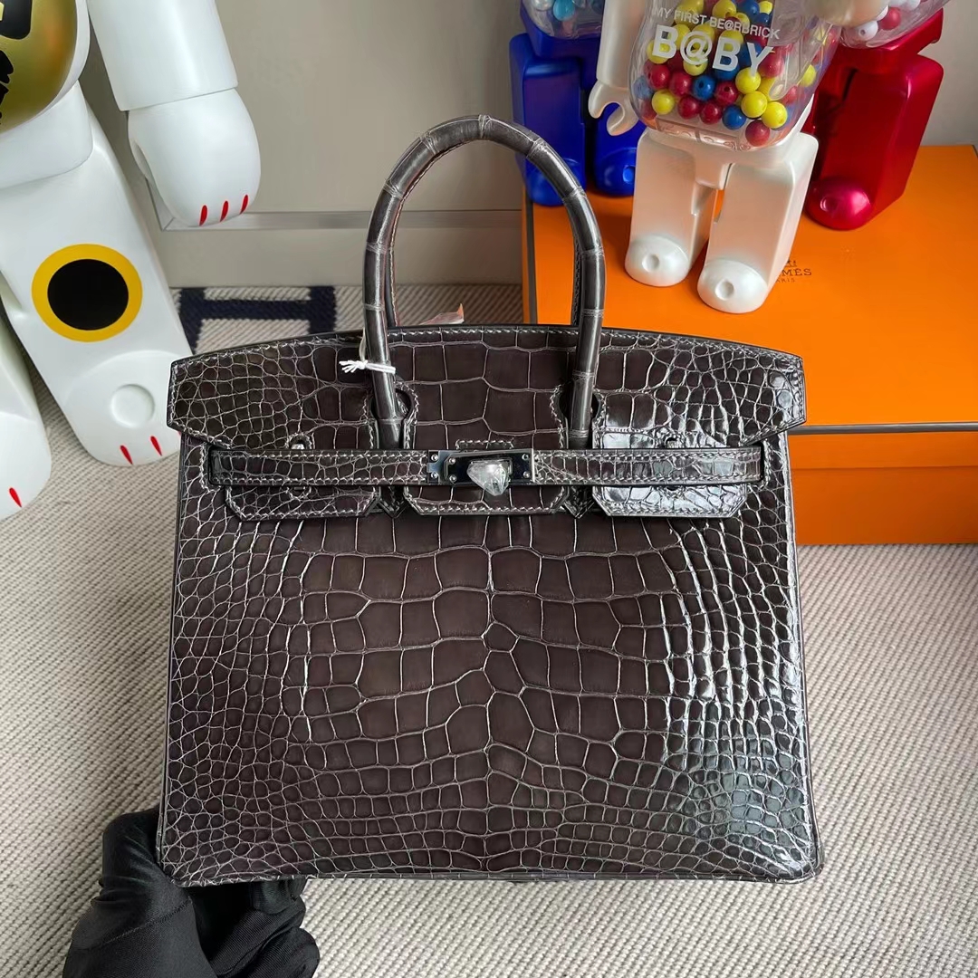 Herms Birkin Ck88 Dark grey shiny alligator crocodile 25cm