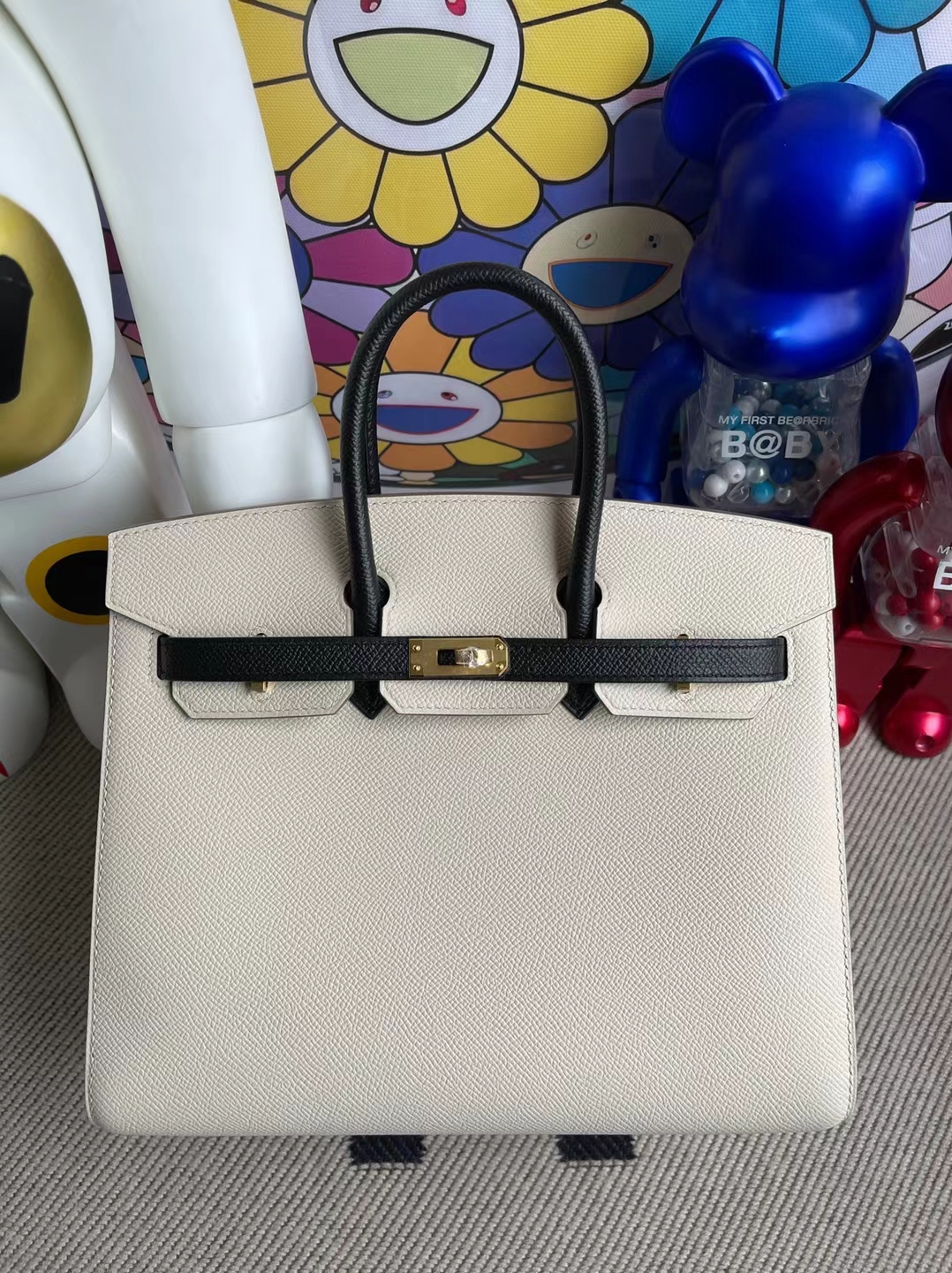 Herms Birkin Togo ck89 Black & 01 white Silver clasp marks 25cm