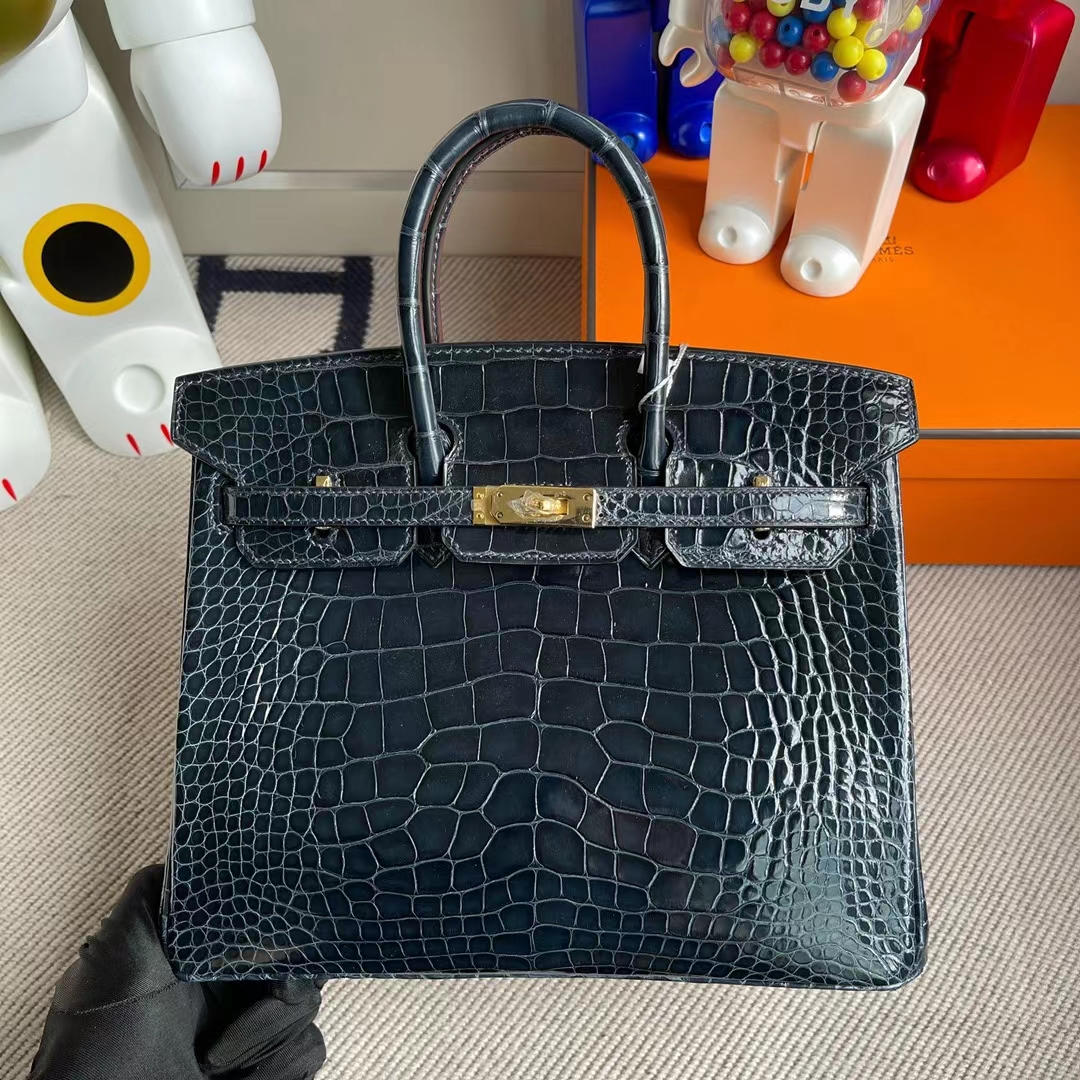 Uncle Bench Hermes Birkin shiny alligator crocodile Ck76 Deep blue Gold buckle 25cm