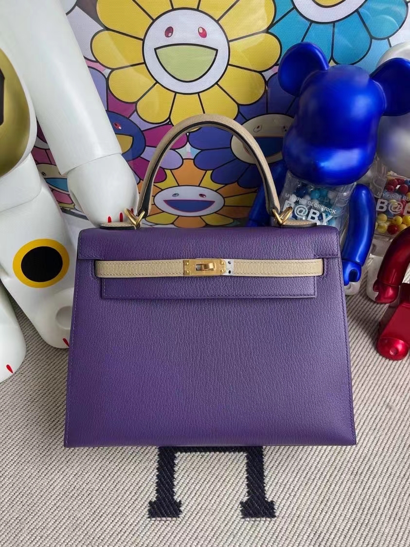 Uncle Bench Hermes Kelly Chevre 9w Dreamy purple & 81 Dove gray gold buckle marks 25cm