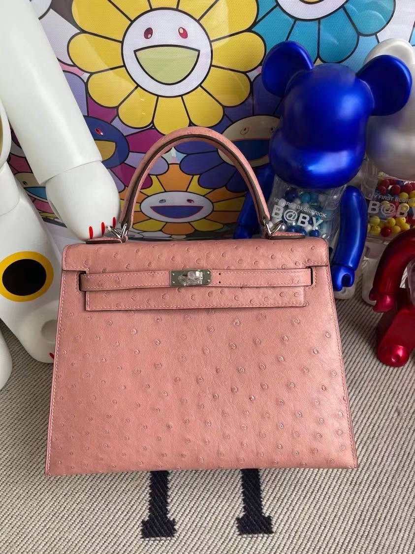 Uncle Bench Hermes Kelly kk Ostrich cc94 ceramic pink Silver buckle 25cm