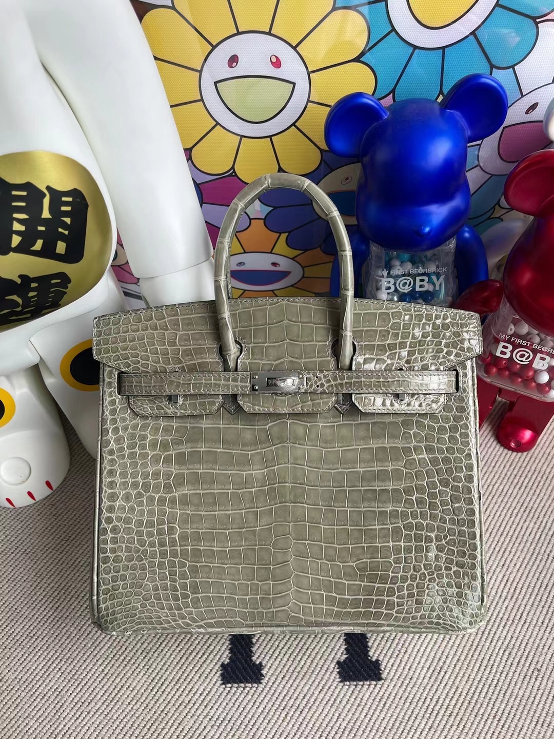 Uncle Bench Hermes Birkin 25cm shiny Porosus crocodile Ck81 Griss Silver Hardware Full Handmade