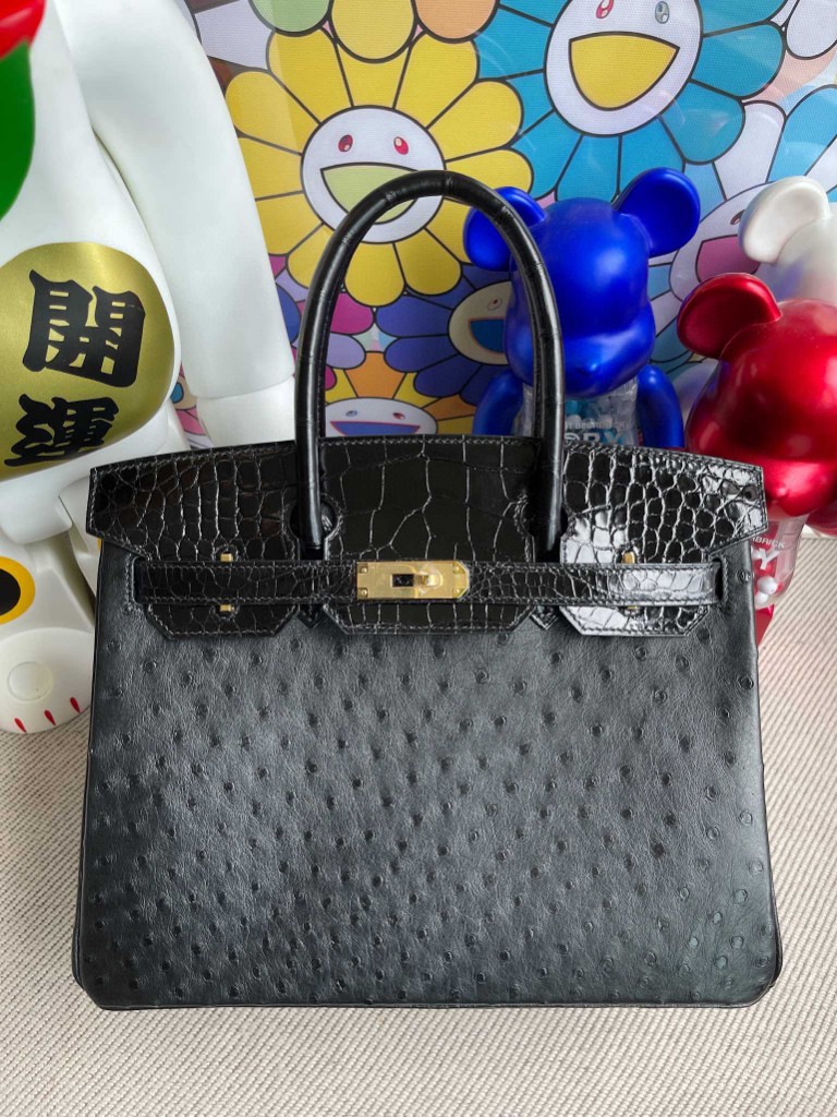 Uncle Bench Hermes Birkin Touch 30cm kk Ostrich & shiny crocodile Black Gold Hardware Full Handmade