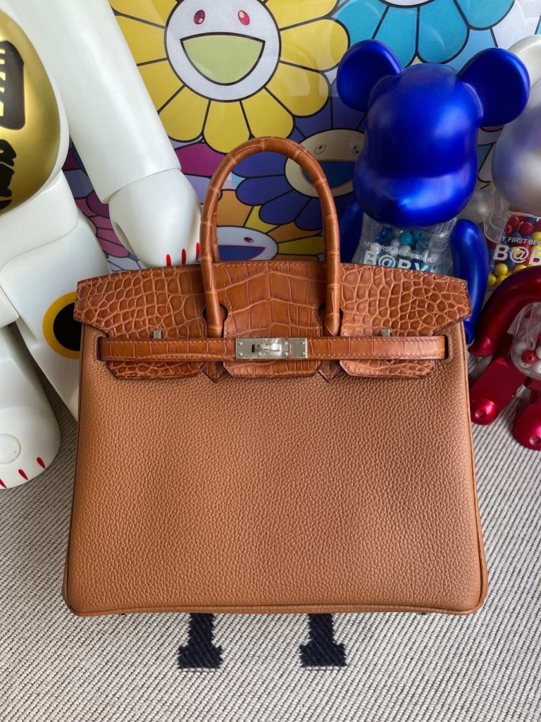 Uncle Bench Hermes Birkin Touch 25cm Matte crocodile Golden brown Silver Hardware Full Handmade