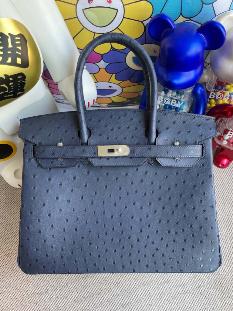 Uncle Bench Hermes Birkin 30cm KK Ostrich Malta blue Silver Hardware Full Handmade