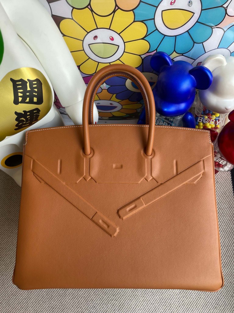 Uncle Bench Hermes Birkin Shadow 35cm Golden brown Silver Hardware Full Handmade