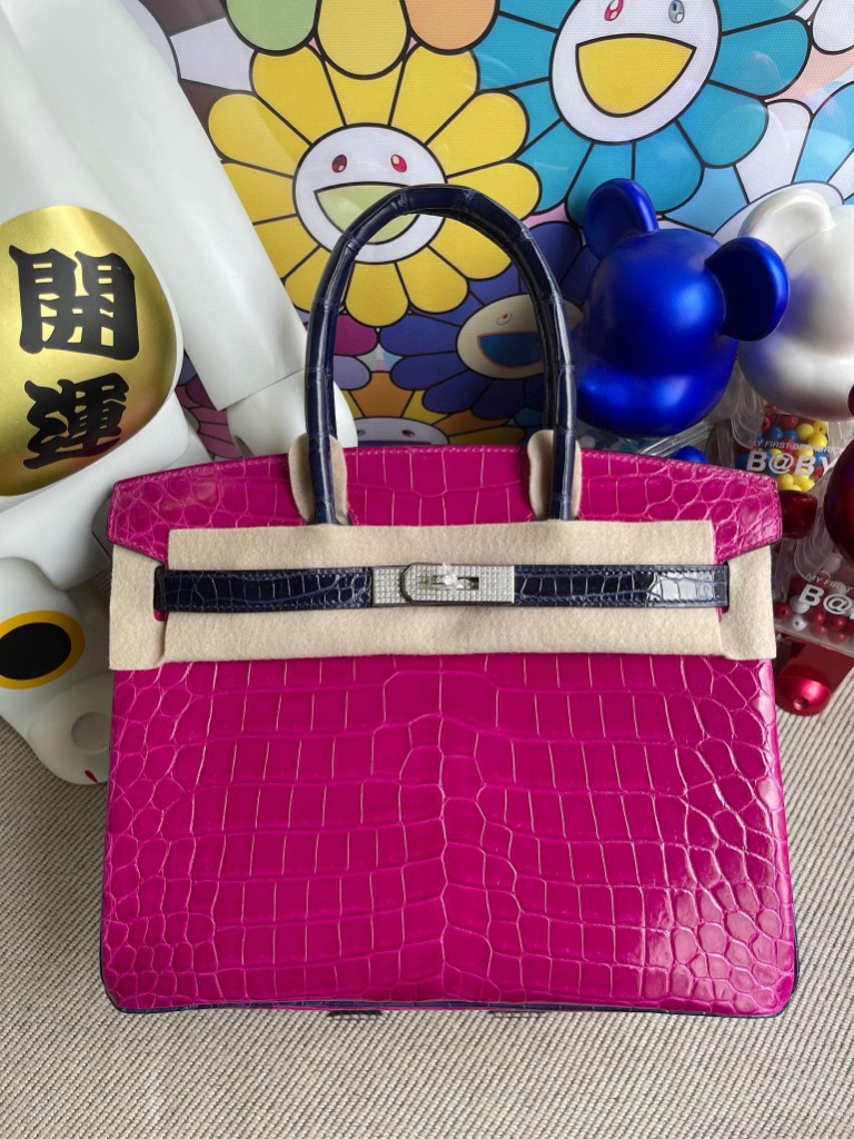 Uncle Bench Hermes Birkin 30cm Crocodile shiny J5 Pink purple & gem blue Silver Hardware Full Handmade