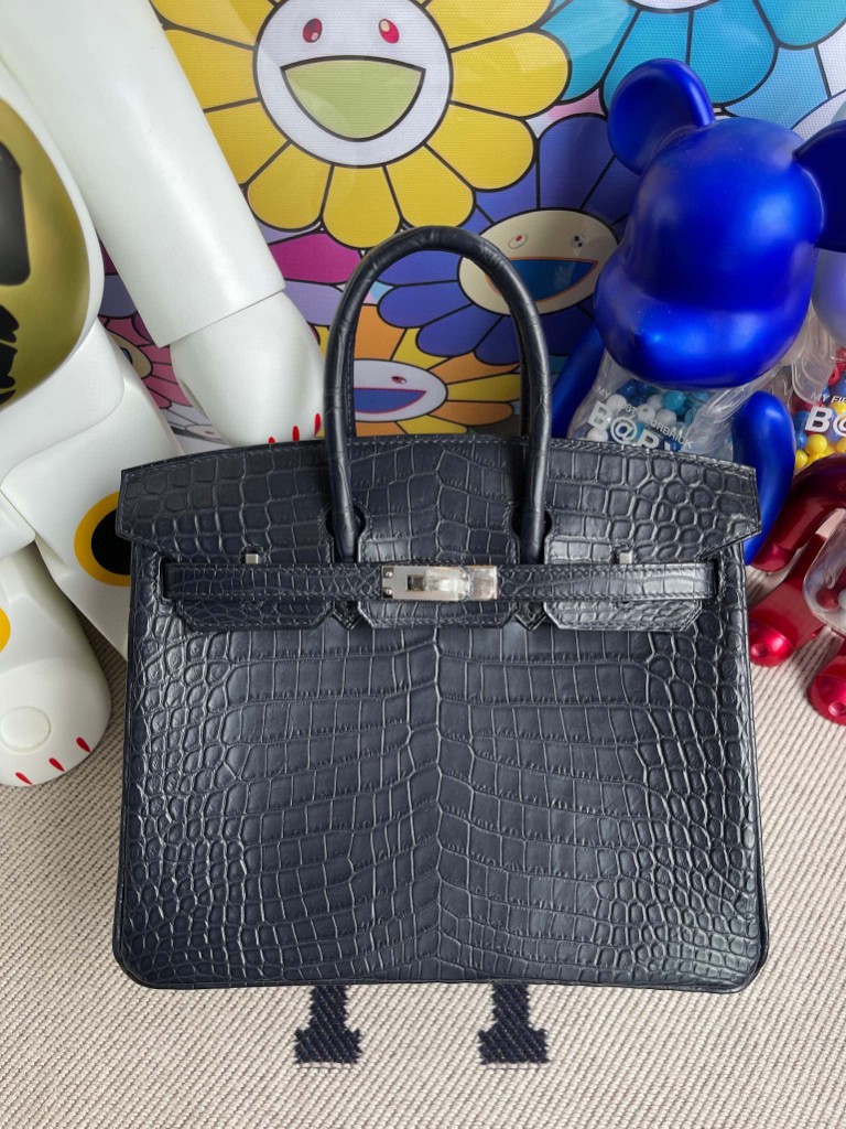 Uncle Bench Hermes Birkin 25cm Crocodile matt CK76 Blue indigo Silver Hardware Full Handmade