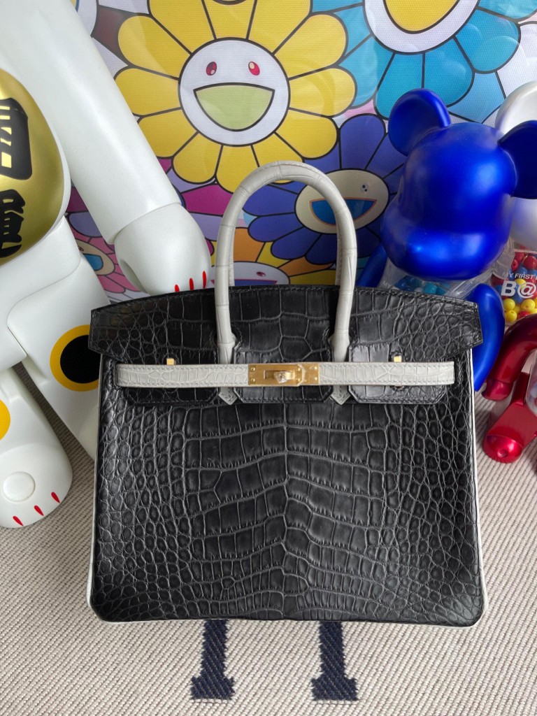 Uncle Bench Hermes Birkin 25cm Alligator matt ck89 Noir & ck80 Pearl grey Gold Hardware Full Handmade