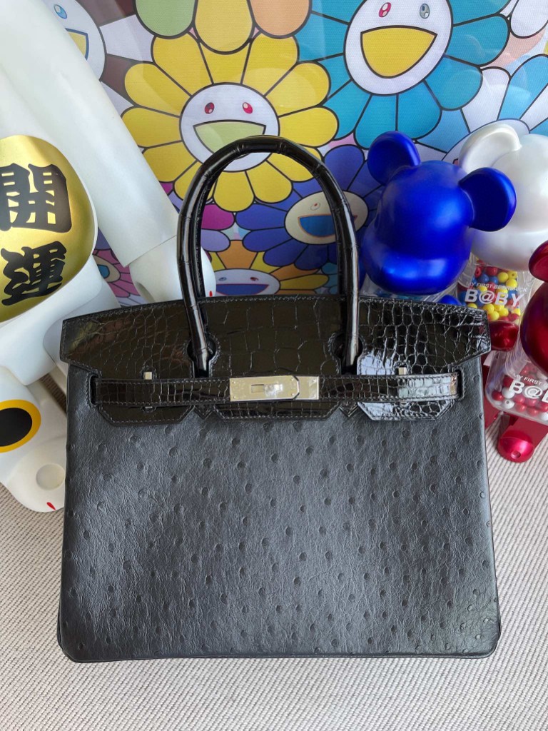 Uncle Bench Hermes Birkin Touch 30cm Ostrich & crocodile Noir Silver Hardware Full Handmade