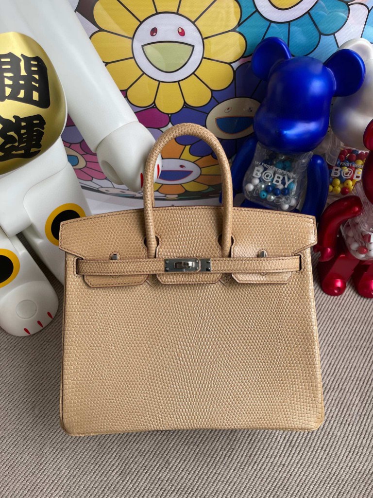 Uncle Bench Hermes Birkin 25cm shiny Lizard apricot Silver Hardware Full Handmade
