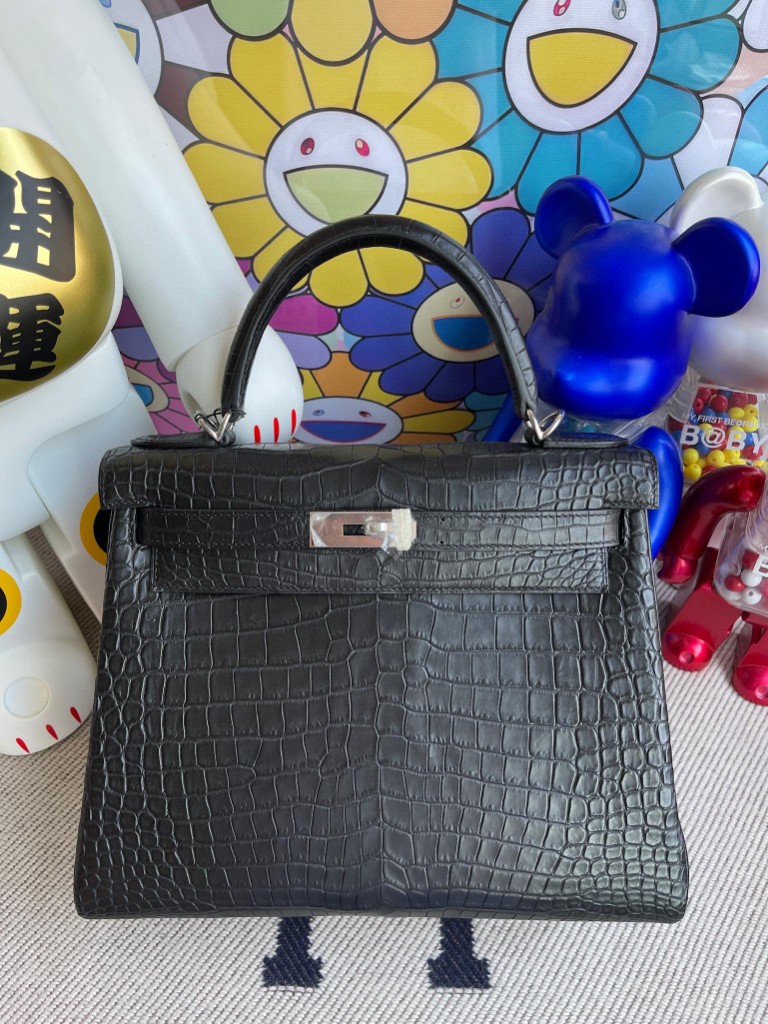 Uncle Bench Hermes Kelly 28cm Porosus matt ck89 Noir & pink Silver Hardware Full Handmade