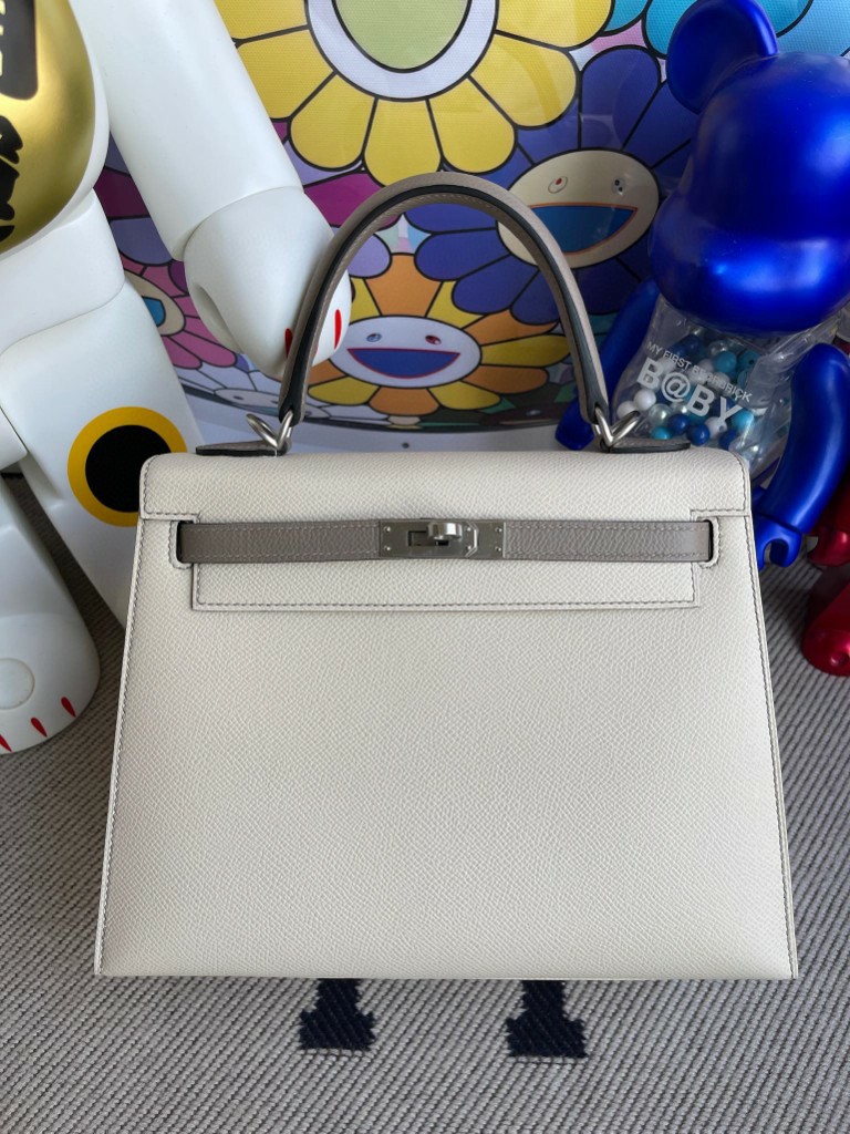 Uncle Bench Hermes Kelly 25cm Epsom ck10 Craie & M8 Griss Asphalte Silver Hardware Full Handmade