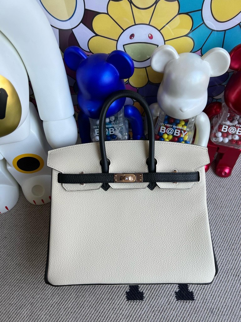 Uncle Bench Hermes Birkin togo creamy white & Black Rose Gold Hardware 25cm Full Handmade