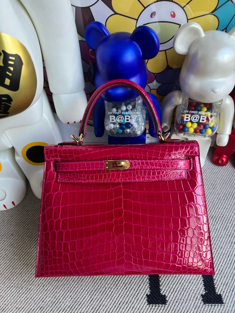 Uncle Bench Hermes Kelly Crocodile shiny J5 deep rose red Gold Hardware 25cm Full Handmade
