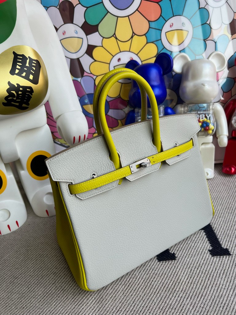 Uncle Bench Hermes Birkin Chevre Pearl grey & Lemon yellow Silver Hardware 25m Full Handmade