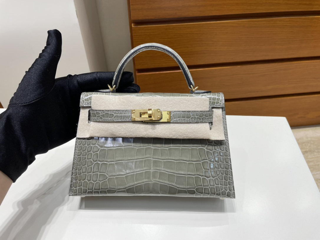 Uncle Bench Hermes Mini kelly Alligator shiny ck81 Gris T Gold Hardware PHW 19cm Full Handmade