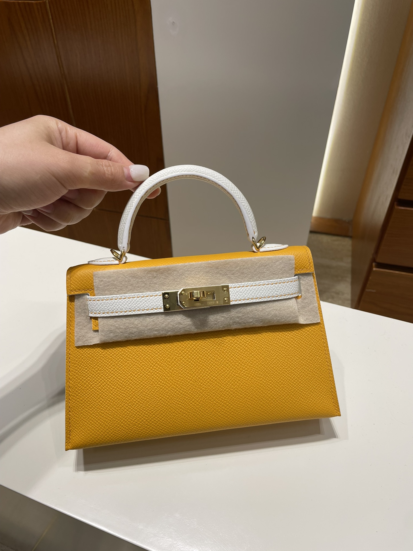 Uncle Bench Hermes Mini kelly Epsom Amber yellow & White Gold Hardware GHW 19cm Full Handmade