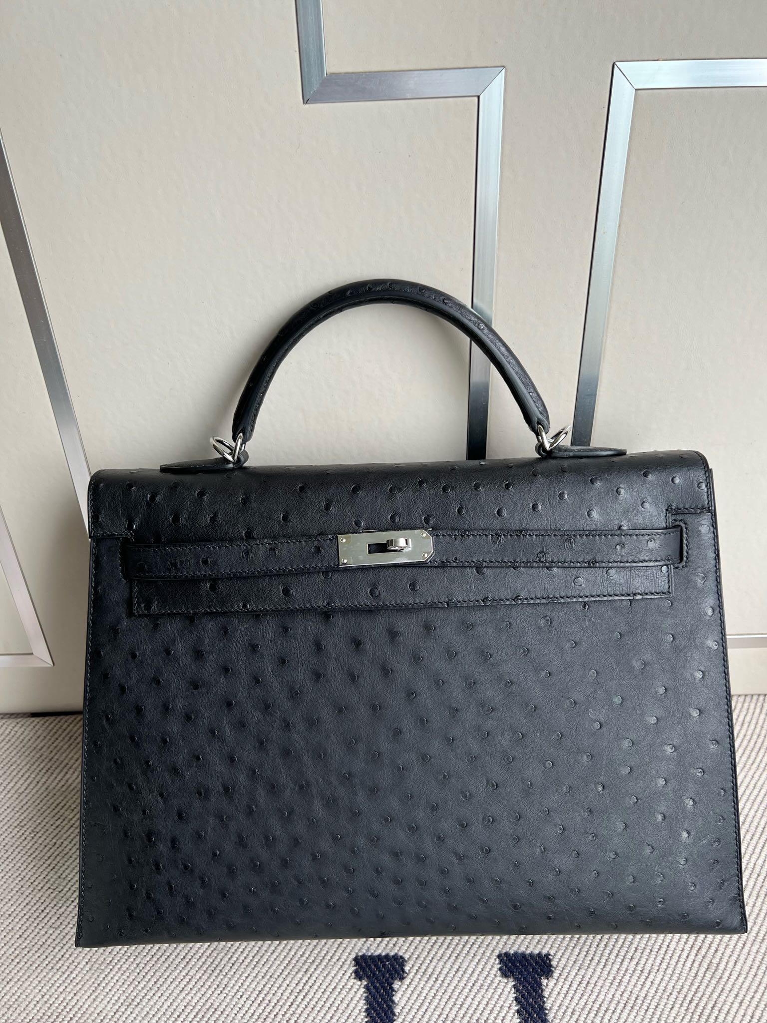 Uncle Bench Hermes Kelly Ostrich kk ck89 Noir Silver Hardware PHW 35cm Full Handmade
