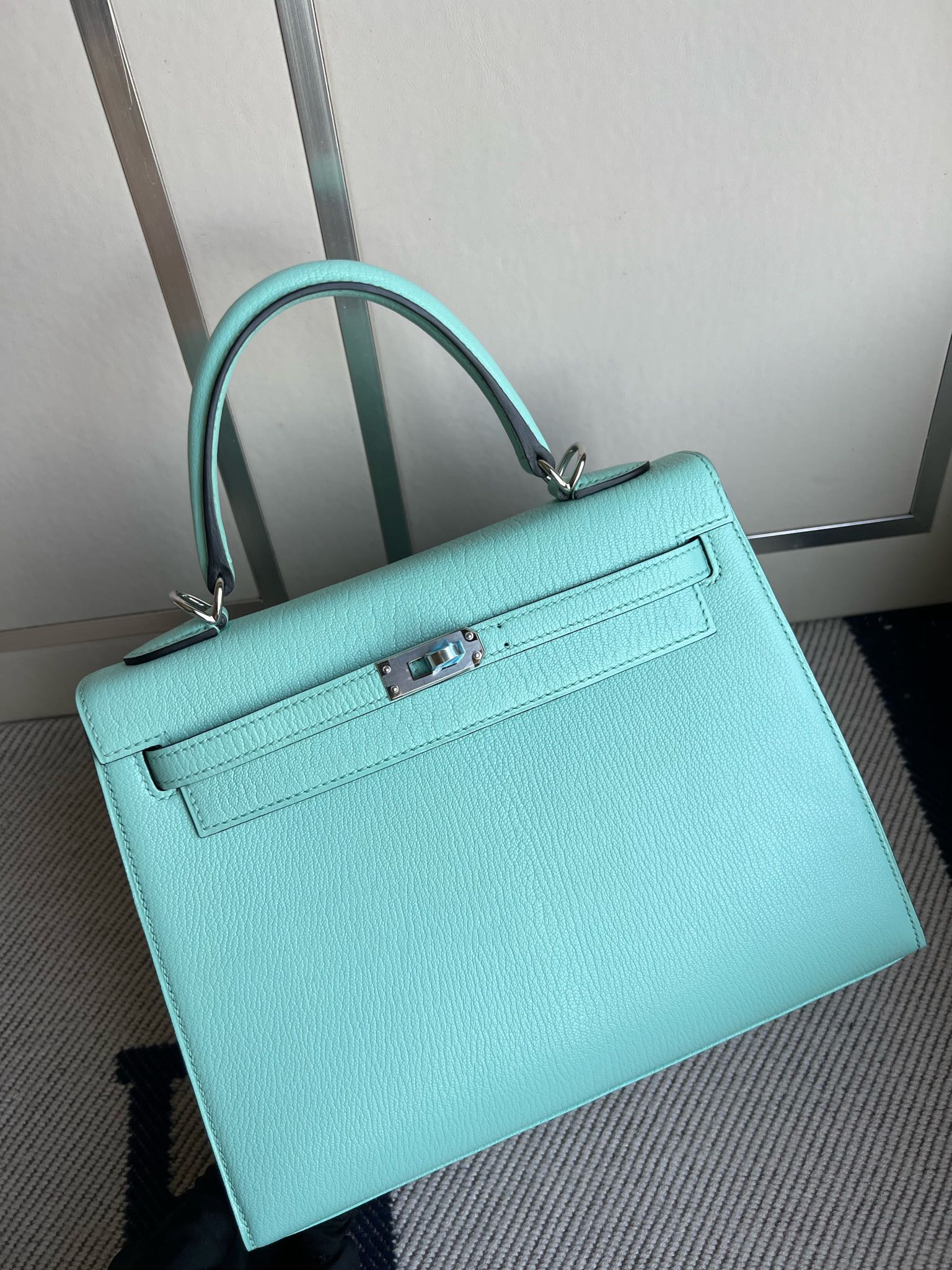 Uncle Bench Hermes Kelly Chevre Lake blue Silver Hardware PHW 25cm Full Handmade