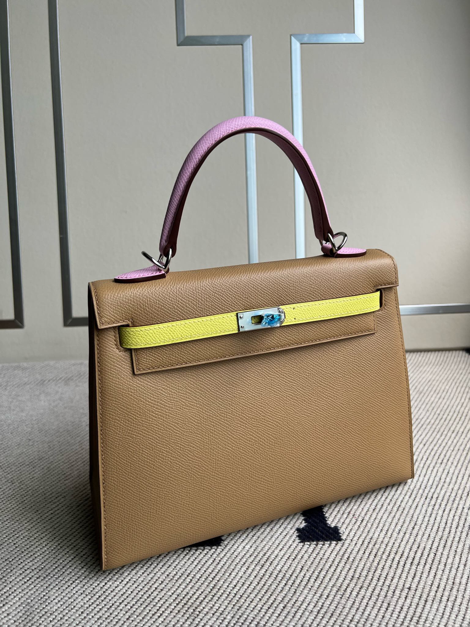 Uncle Bench Hermes Kelly Epsom Tea color & Lemon yellow & mallow purple Silver Hardware PHW 25cm Full Handmade
