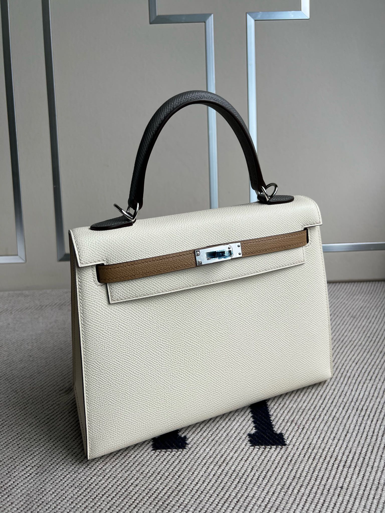 Uncle Bench Hermes Kelly Epsom Creamy white & Tea color & Grey Silver Hardware PHW 25cm Full Handmade