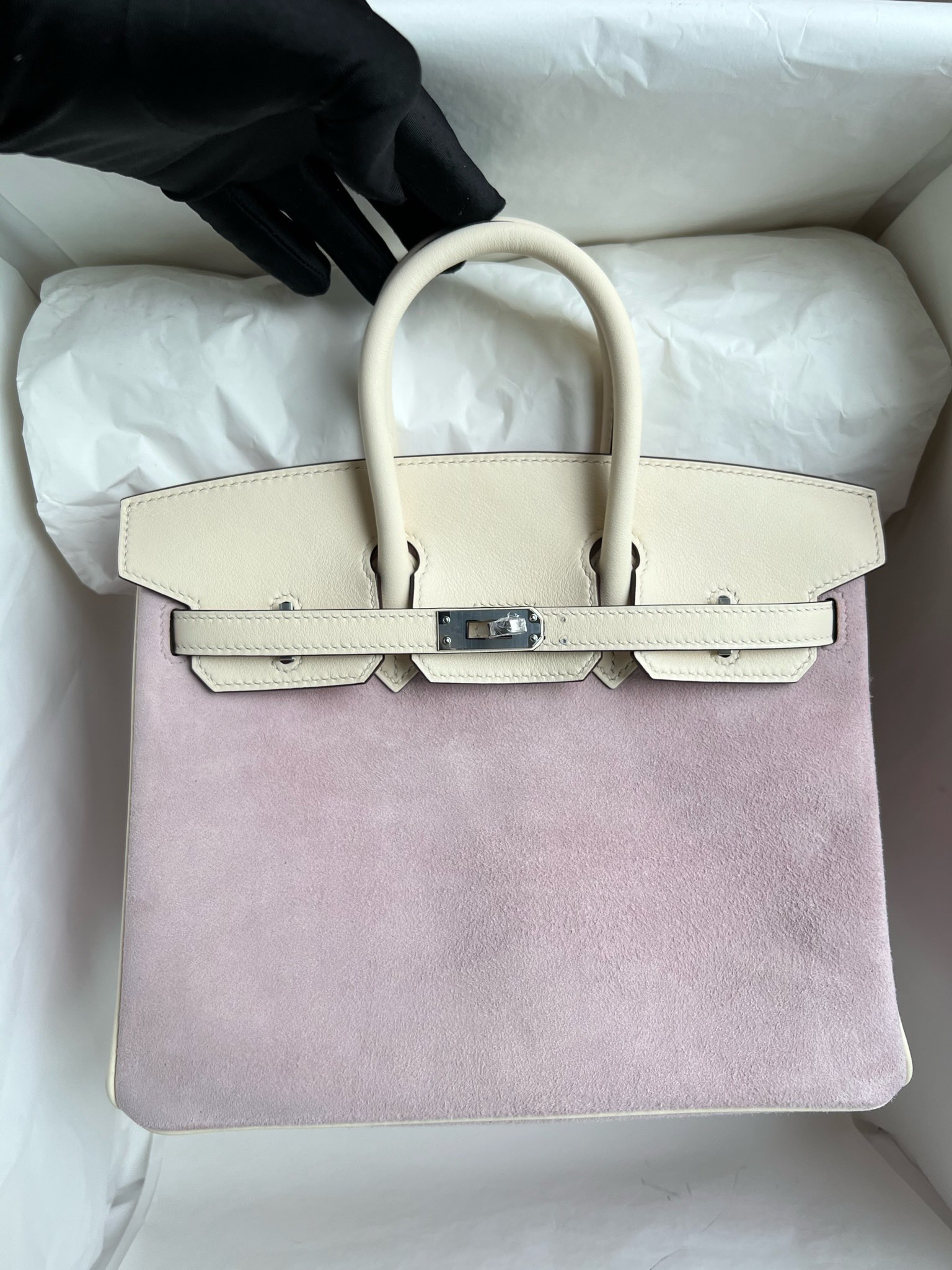 Uncle Bench Hermes Birkin Grizzly chamois Taro purple & Creamy white Silver Hardware PHW 25cm Full Handmade