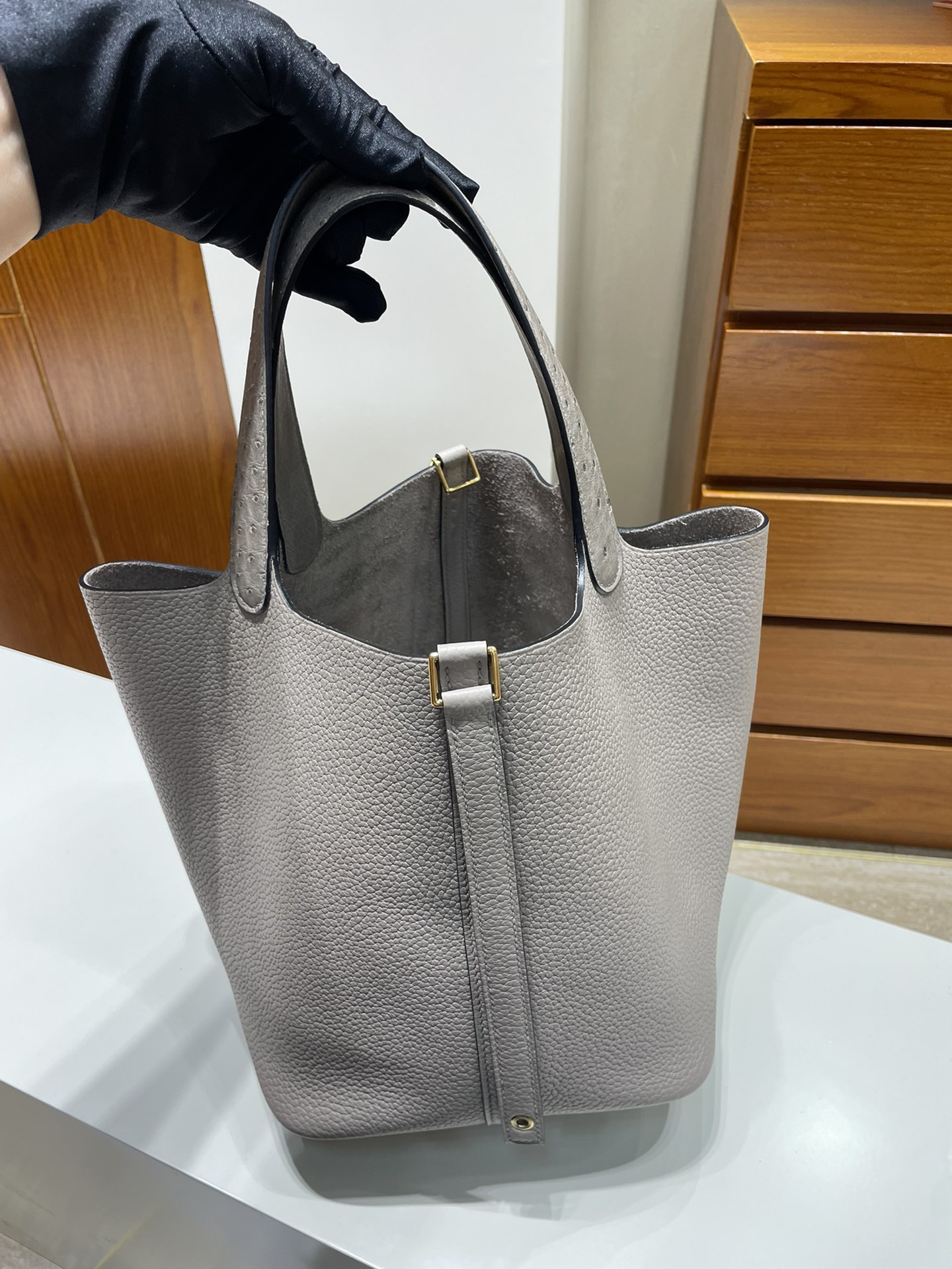 Uncle Bench Hermes Picotion Touch ostrich asphalt grey Gold Hardware 22m Full Handmade