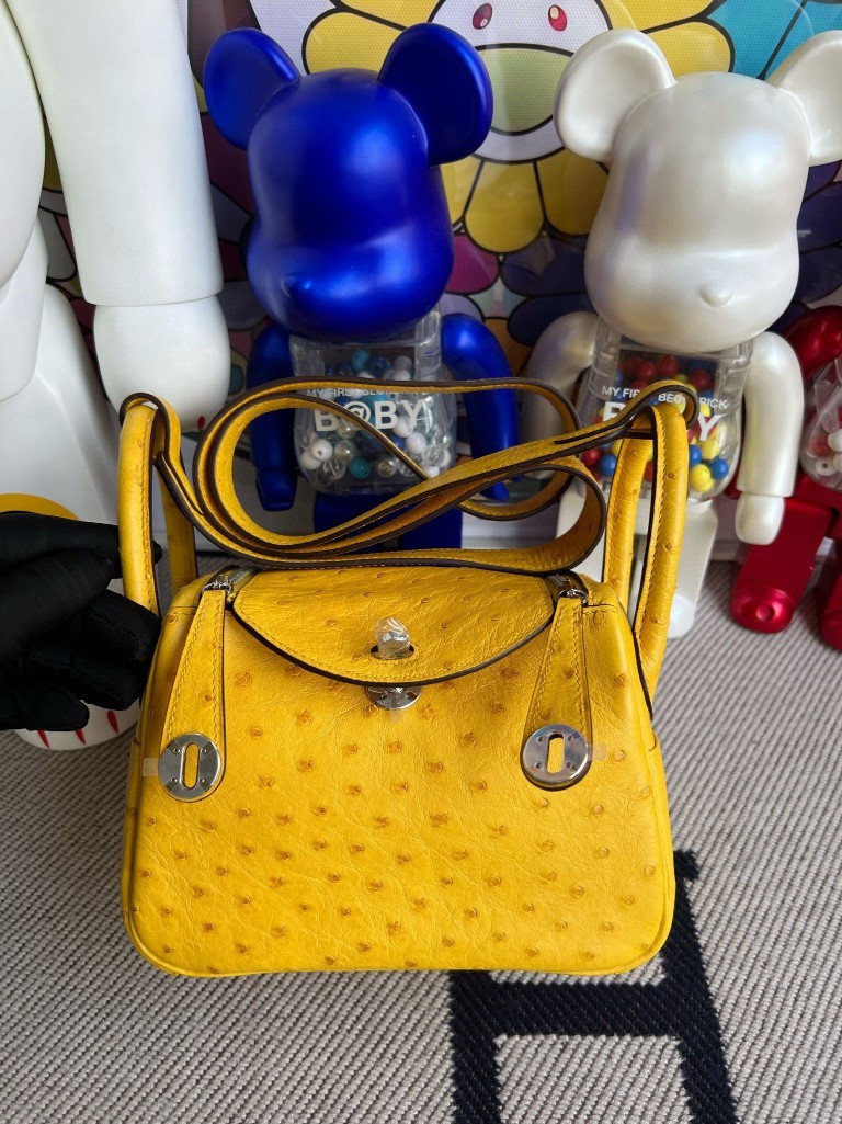 Uncle Bench Hermes Mini lindy Ostrich kk Ambre Silver Hardware 20cm Full Handmade