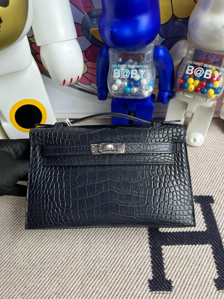 Uncle Bench Hermes Mini kelly pochette Alligator matt blue indigo Silver Hardware 22cm Full Handmade