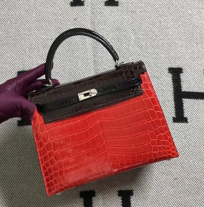 Uncle Bench Hermes Kelly Alligator Shiny Bright red & Black Silver Hardware 25cm Full Handmade