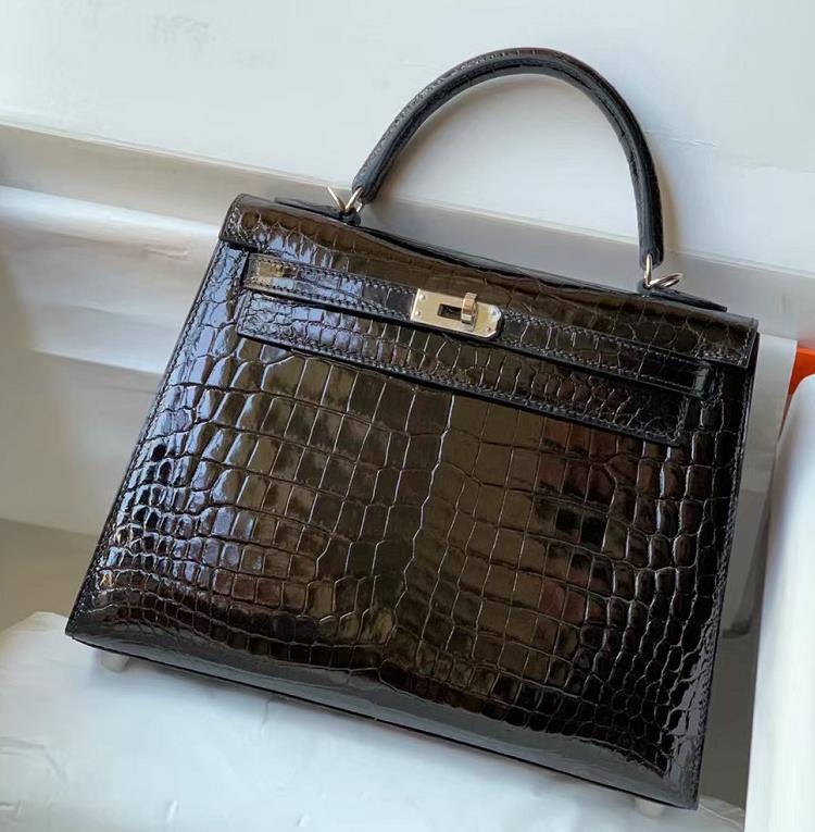 Uncle Bench Hermes Kelly Alligator Shiny Black Silver Hardware 25cm Full Handmade
