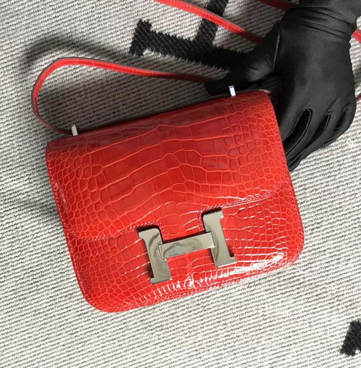 Uncle Bench Hermes Constance Alligator Shiny Ferrari red Silver Hardware 19cm Full Handmade
