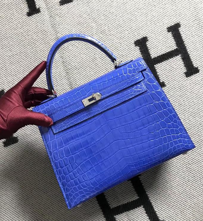 Uncle Bench Hermes Kelly Alligator Shiny Bright blue Silver Hardware 25cm Full Handmade