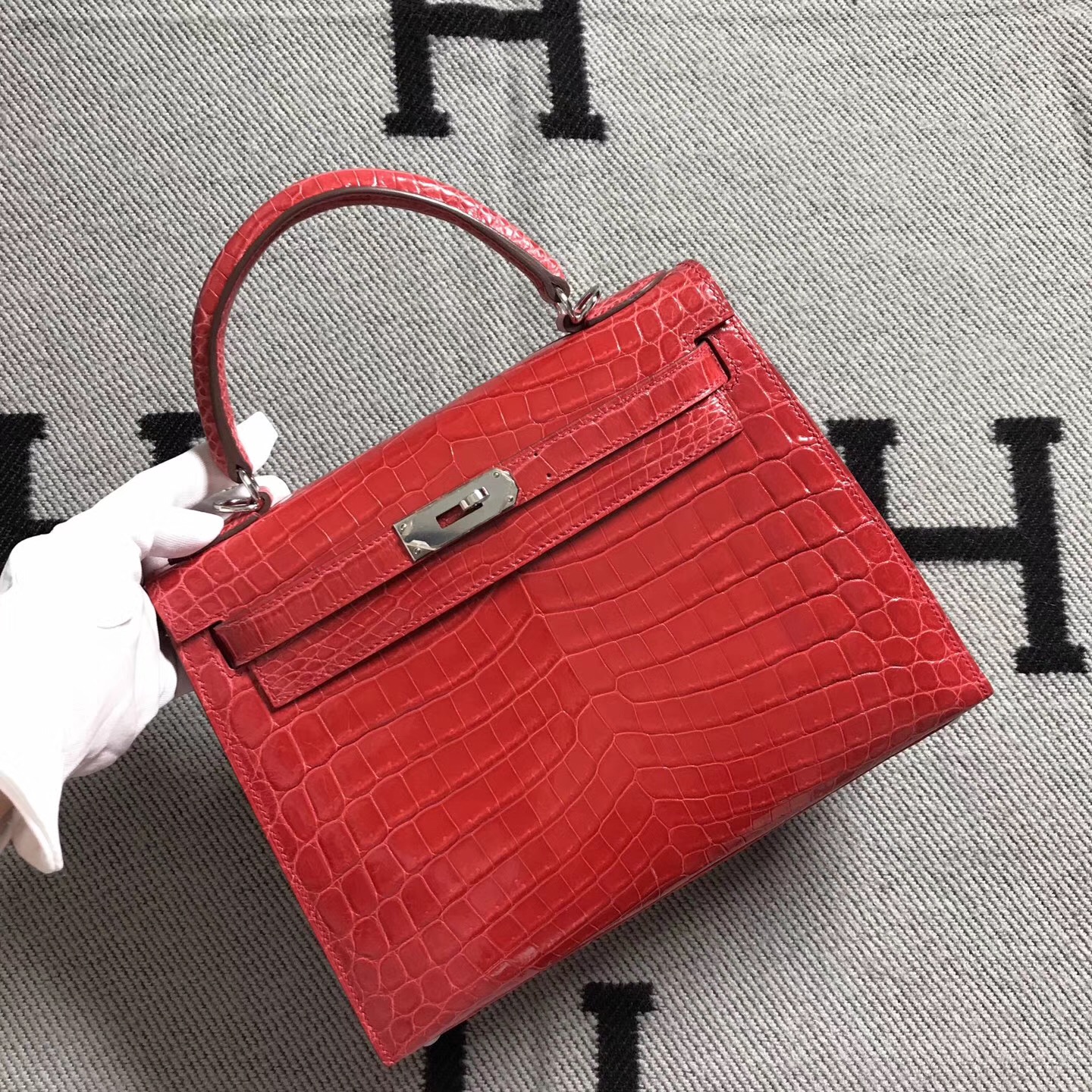 Uncle Bench Hermes Kelly Alligator Shiny Watermelon red Silver Hardware 28cm Full Handmade