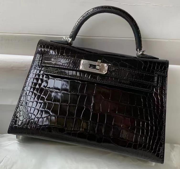 Uncle Bench Hermes Mini Kelly Alligator Shiny Black 02 Silver Hardware 19cm Full Handmade