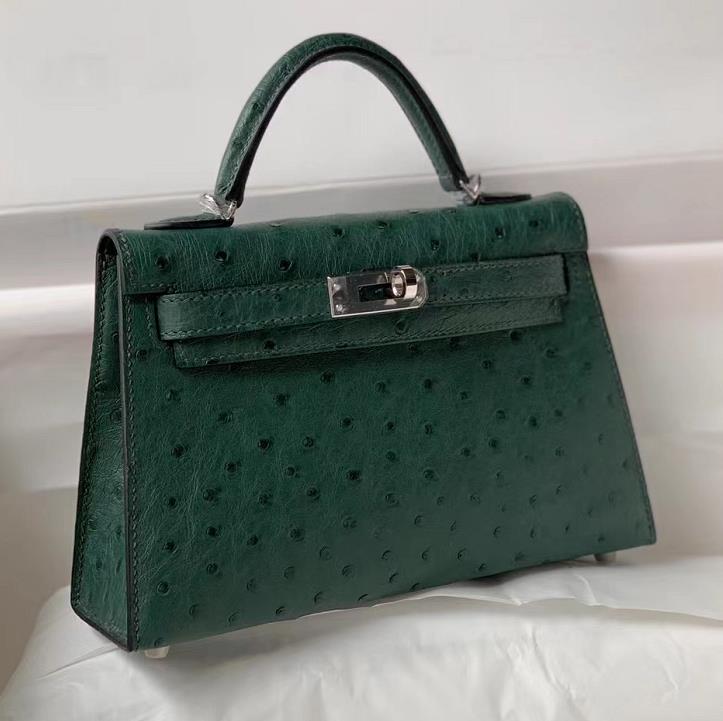 Uncle Bench Hermes Mini Kelly Ostrich Dark green Silver Hardware 19cm Full Handmade