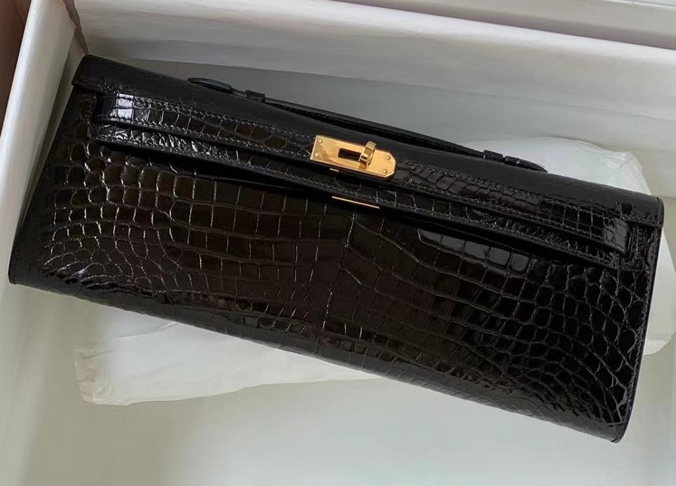 Uncle Bench Hermes Kelly CUT shiny crocodile Black Gold Hardware 31cm Hand bag Full Handmade