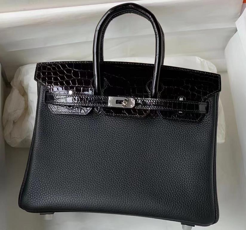 Uncle Bench Hermes Birkin Touch Togo & shiny crocodile Black Silver Hardware 25cm Full Handmade