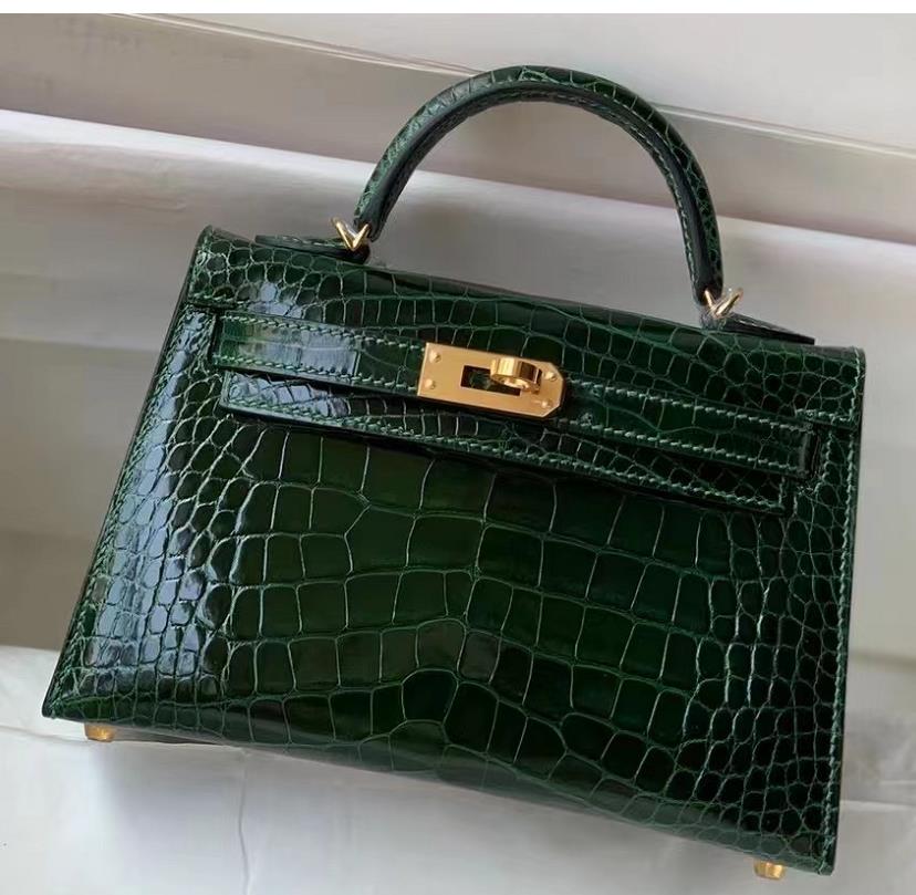 Uncle Bench Hermes Mini Kelly Alligator Shiny Dark green Gold Hardware 19cm Full Handmade