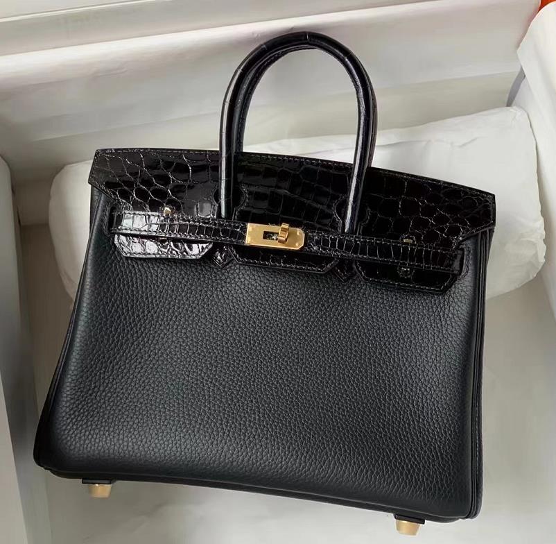 Uncle Bench Hermes Birkin Touch Togo & crocodile matte Black Gold Hardware 25cm Full Handmade