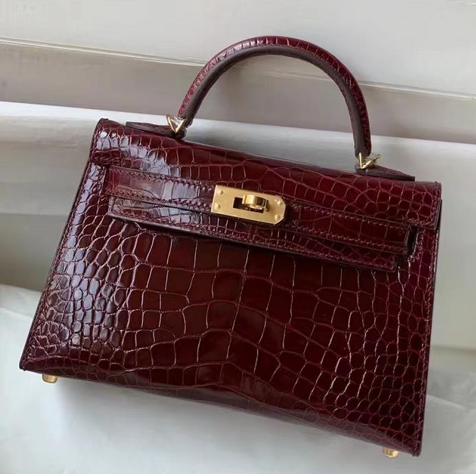Uncle Bench Hermes Mini Kelly Alligator Shiny Wine red Gold Hardware 19cm Full Handmade