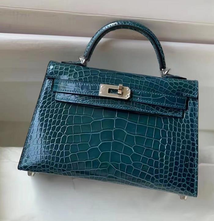Uncle Bench Hermes Mini Kelly Alligator Shiny Bosphorus green Silver Hardware 19cm Full Handmade