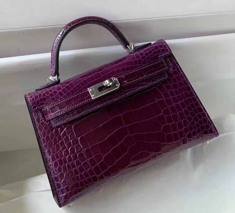 Uncle Bench Hermes Mini Kelly Alligator Shiny Dark purple Silver Hardware 19cm Full Handmade