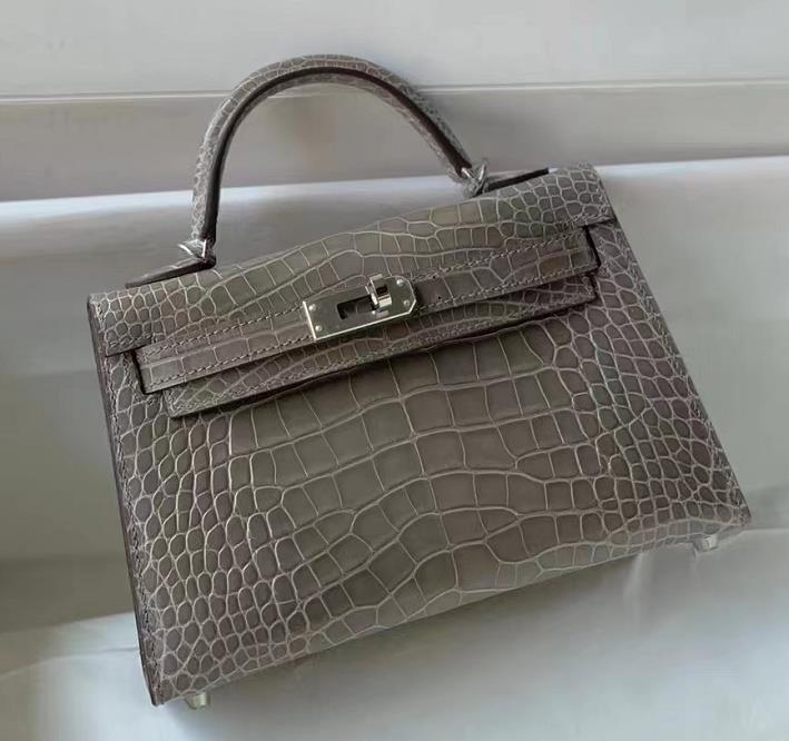 Uncle Bench Hermes Mini Kelly Alligator Shiny Etoupe Grey Silver Hardware 19cm Full Handmade
