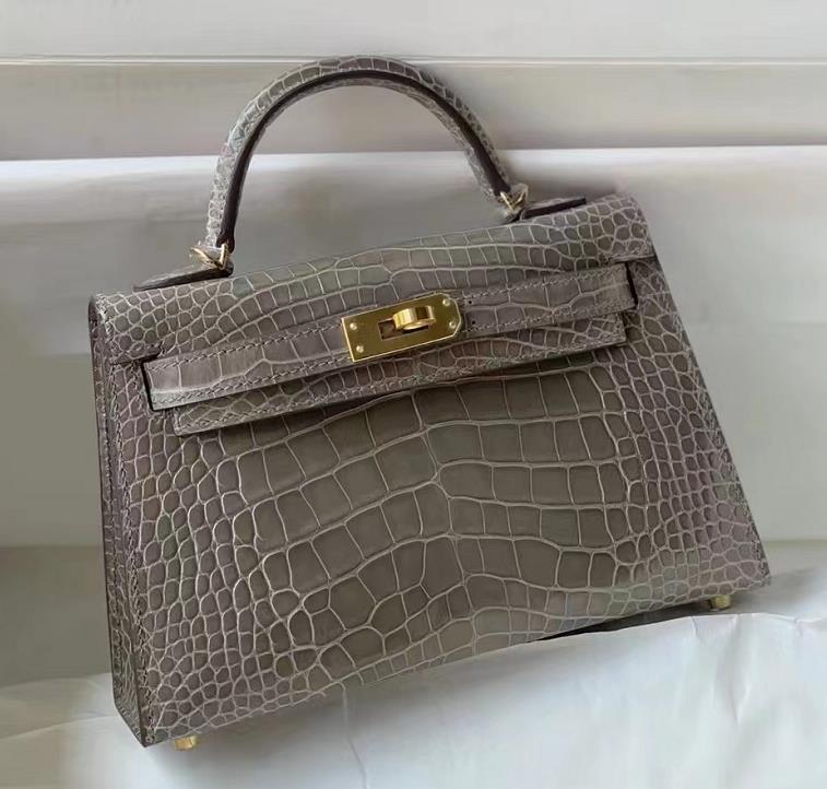 Uncle Bench Hermes Mini Kelly Alligator Shiny Etoupe Grey Gold Hardware 19cm Full Handmade