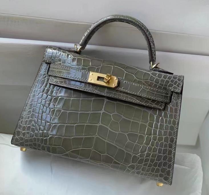 Uncle Bench Hermes Mini Kelly Alligator Shiny Gris Grey Gold Hardware 19cm Full Handmade