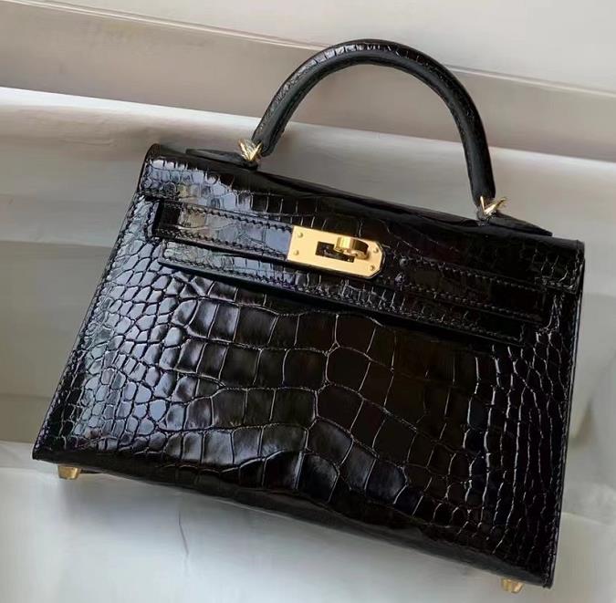 Uncle Bench Hermes Mini Kelly Alligator Shiny CK89 Noir Gold Hardware 19cm Full Handmade