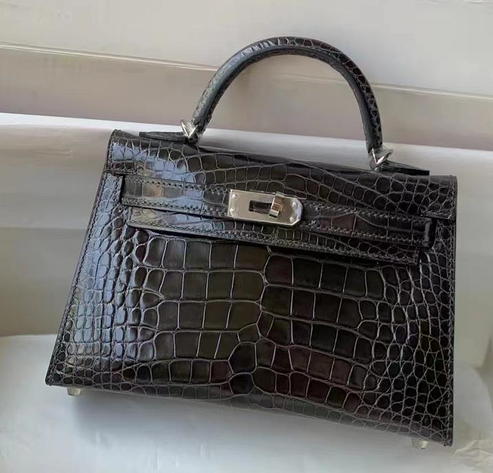 Uncle Bench Hermes Mini Kelly Alligator Shiny Graphite grey Silver Hardware 19cm Full Handmade