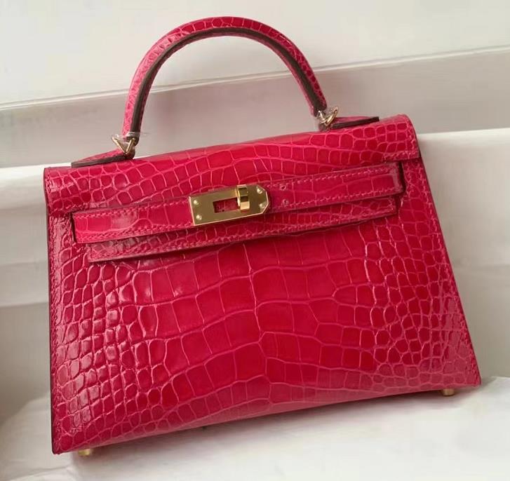 Uncle Bench Hermes Mini Kelly Alligator Shiny Rose pink Gold Hardware 19cm Full Handmade